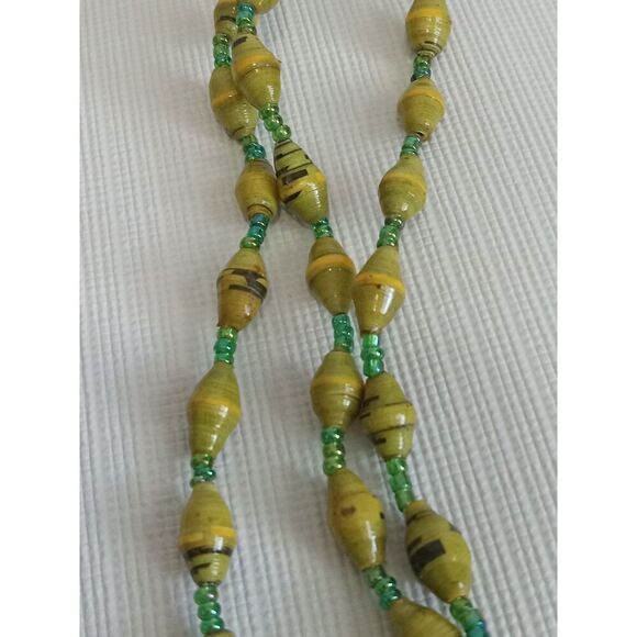 Bright Green Striped Paper and Seed Beaded Lightweight Triple Strand Necklace - Picture 9 of 9